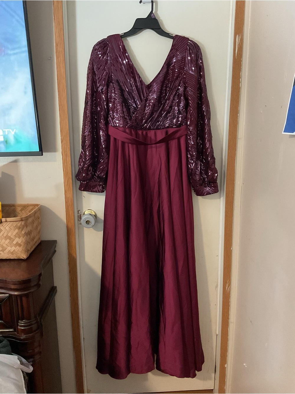 Women's Burgundy Sequin & Satin Evening Gown